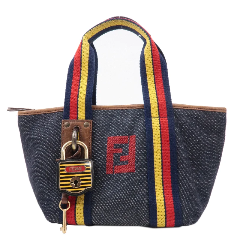 Fendi bags with a back - zip pocket for storing valuables securelyFENDI Denim Leather Hand bag Multi Color Navy 7VA165