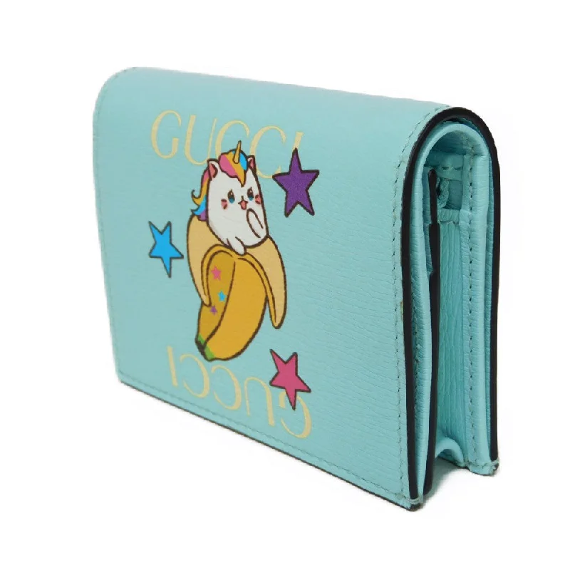 Women Gucci bags with a zip - around closure for securityGUCCI Bifold Wallet 701009 Textured leather Pastel blue logo Bananya Compact Wallet Women Used