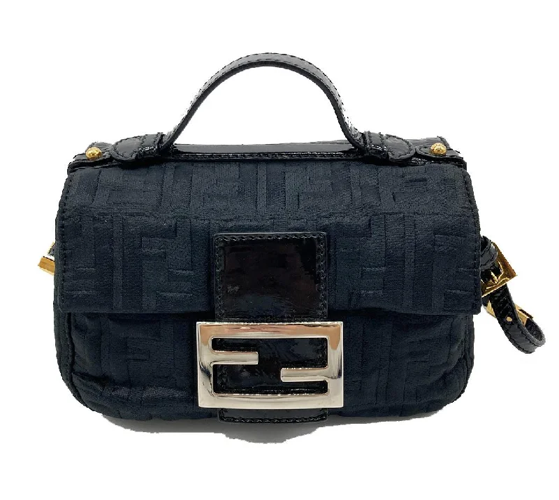 Fendi crossbody bags with a detachable fanny pack strap for a trendy and practical optionFENDI Black Patent and Silk Zucca Double Mini Baguette