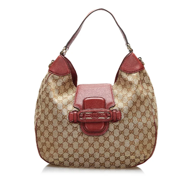 Women Gucci bags with a snap - button closure and a decorative charmGucci Dressage Brown GG Canvas