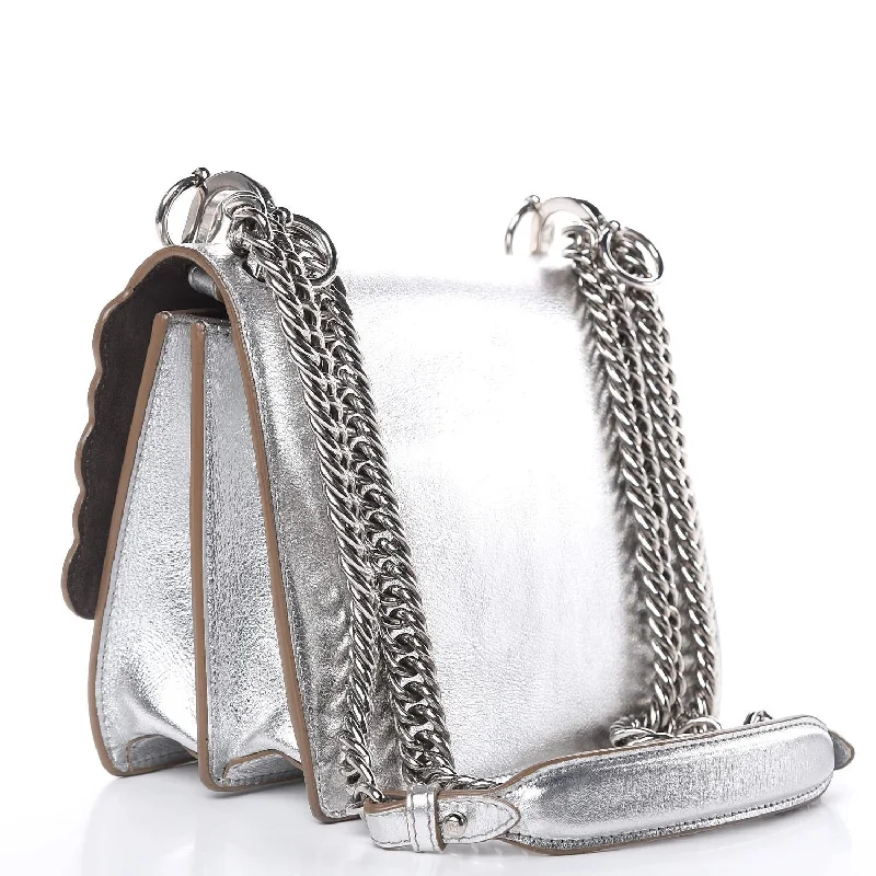 Fendi bags with a detachable mobile phone holder for on - the - go connectivityFendi Kan I Metallic Silver Calfskin Scalloped Studded Small Shoulder Bag 8M0381