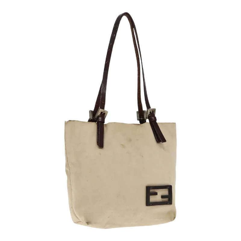 Fendi tote bags with a snap - button closure and a decorative charm for a fashionable and personalized lookFENDI Hand Bag Canvas Leather Beige Brown Silver  ti2134