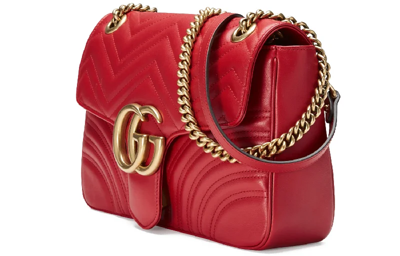 Women Gucci bags with a detachable mobile phone holder(WMNS) Gucci GG Marmont Gold Logo Distress Leather Chain Shoulder Messenger Bag Red Classic 443496-DTDIT-6433