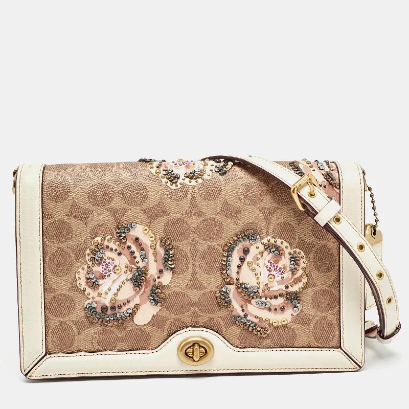 Coach Dempsey bags with a large capacity and a drawstring closureBeoge/Old Rose Signature Coated Canvas and Leather Rose Embellished Riley Crossbody Bag