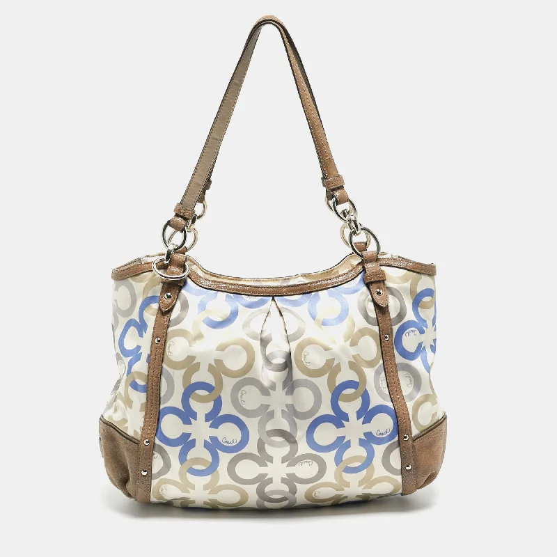 Coach tote bags with a printed Coach logo for brand visibilityMulticolor Signature Satin and Leather Hobo