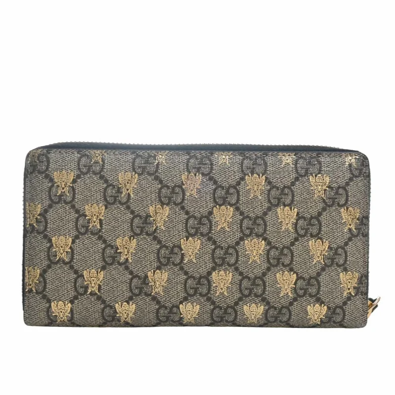 Women Gucci bags with a zip - around closure for securityGUCCI GG Supreme Bee Round Long Wallet 410102 Beige Women's