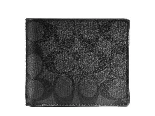 Coach bags with a chain - link trim and a leather body for a modern edgeCOACH COMPACT ID SIGNATURE WALLET CHARCOAL BLACK