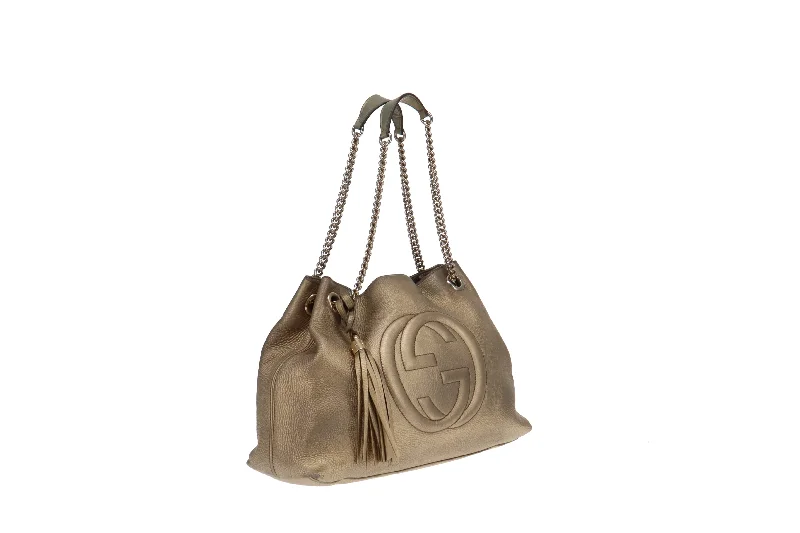 Gucci backpacks for women with a multi - pocket designGucci Gold Metallic Soho Chain Bag