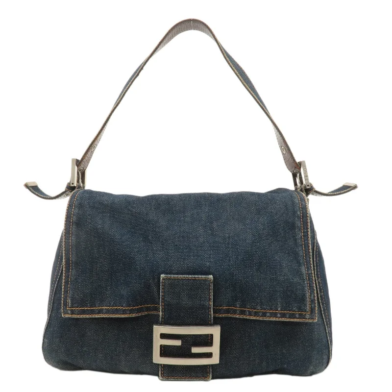 Fendi By The Way bags with a leather - wrapped drawstring for a luxurious and tactile feelFENDI Denim Leather Mamma Baguette Shoulder Bag Blue