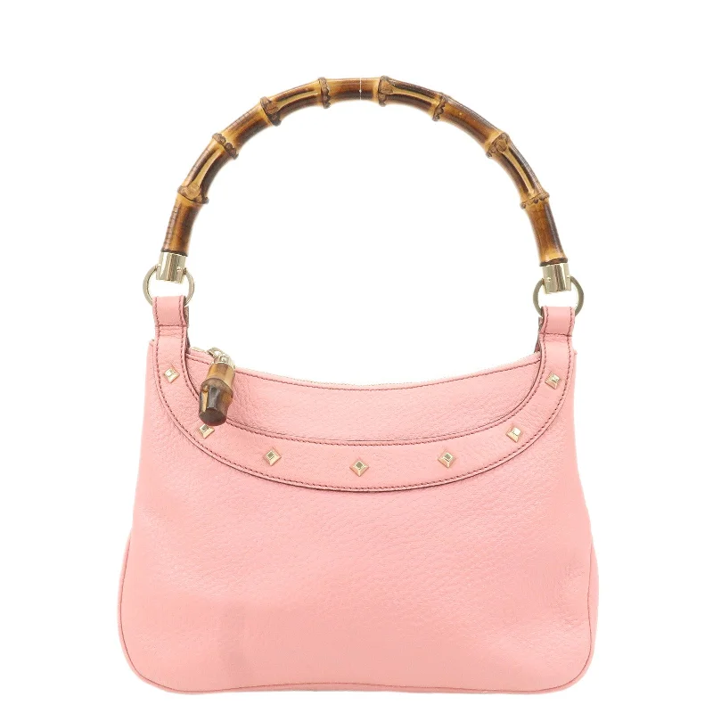 Women Gucci tote bags in GG Supreme canvas for a branded feelGUCCI Bamboo Leather Shoulder Bag Hand Bag Studs Pink 137378