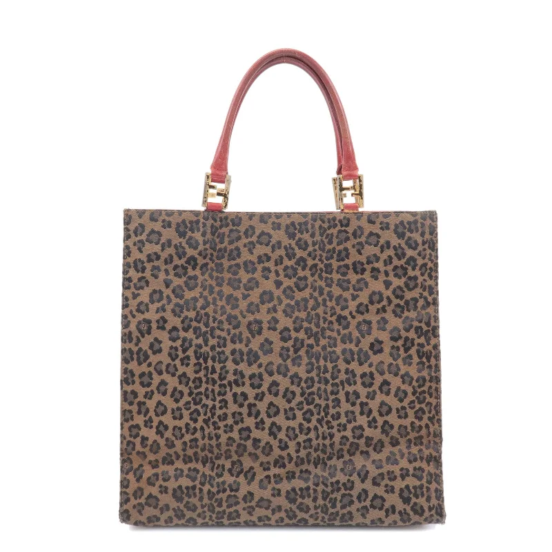 Fendi tote bags with a thermal - insulated pocket for keeping drinks hot or coldFENDI Canvas Leather Leopard Tote Bag Hand Bag Brown Red