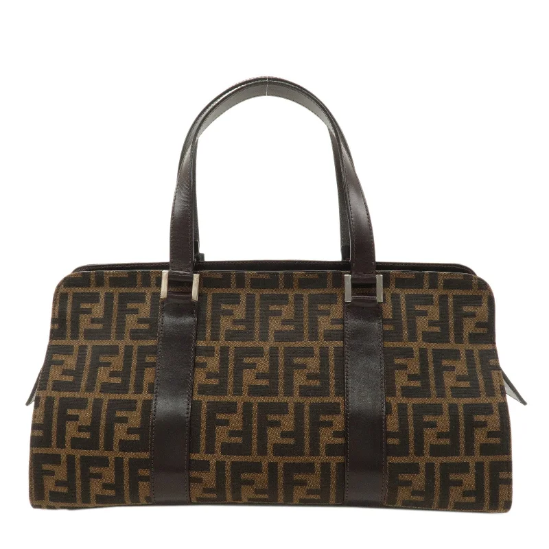 Fendi handbags with a metal - framed clasp for durability and a stylish lookFENDI Zucca Canvas Leather Handbag Brown Black 16309