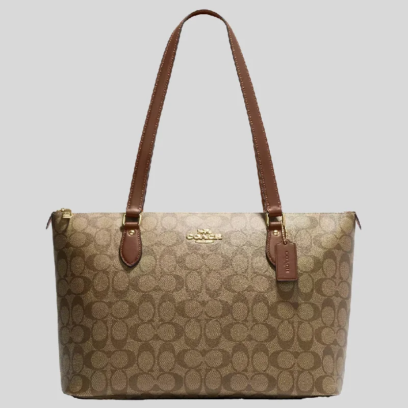 Coach Borough bags with a contrast - stitched handle for a unique lookCOACH Gallery Tote Bag In Signature Canvas Khaki/Saddle CS187