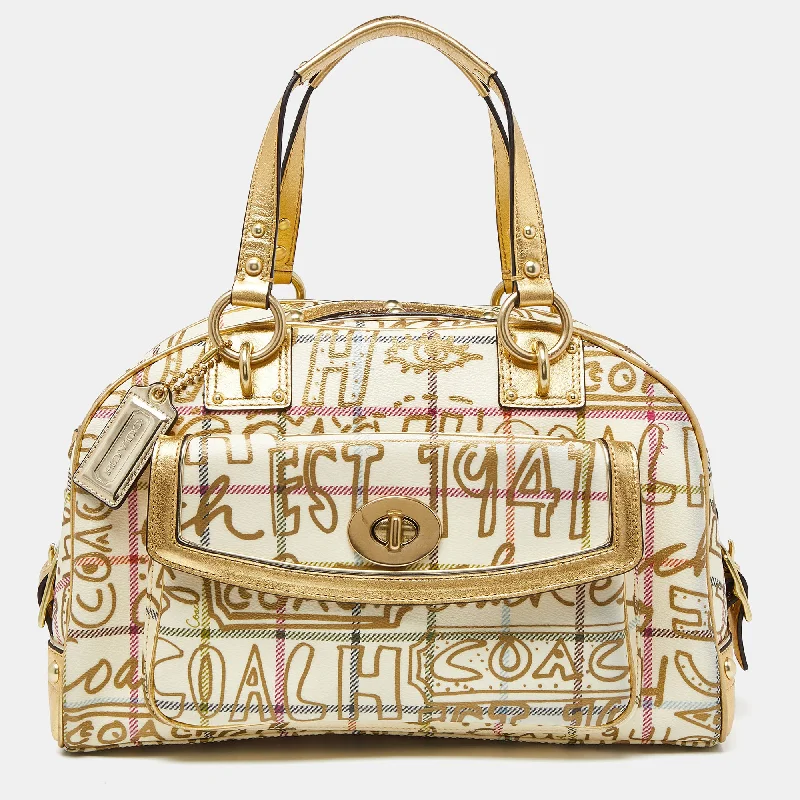 Ladies Coach handbags with a detachable wallet insert for added convenienceGold PVC and Leather Graffiti Tattersall Satchel