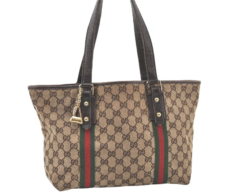 Medium - sized Women Gucci handbags for everyday useAuth GUCCI Web Sherry Line Tote Bag GG Canvas Leather 137396 Brown Junk 6624K