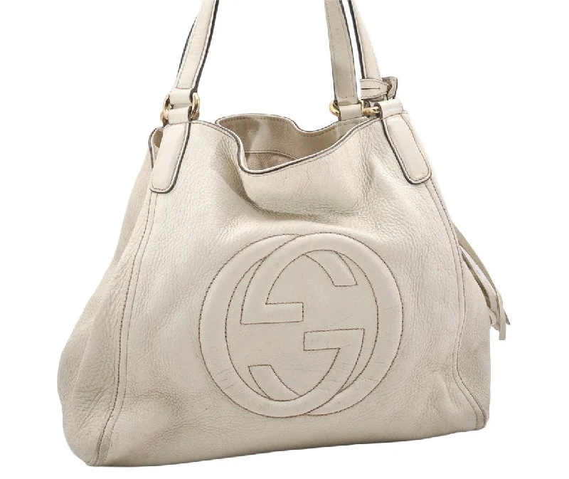 Gucci backpacks for women with a multi - pocket designAuthentic GUCCI SOHO Tassel Shoulder Tote Bag GG Leather 282309 White 6554K