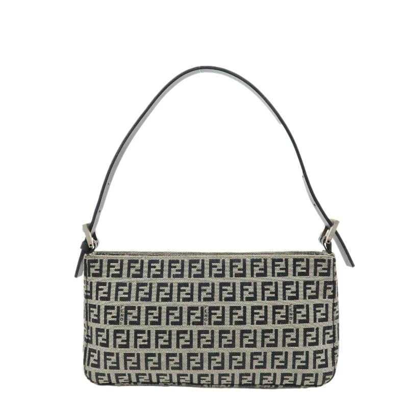 Fendi tote bags with a spacious interior and multiple pockets for daily essentialsFENDI Zucchino Canvas Leather Shoulder Bag Ivory Navy 8BR042