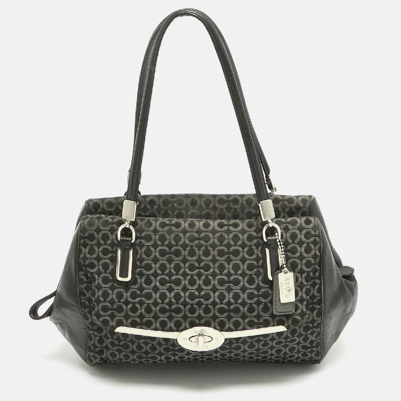 Coach handbags with a perforated leather detail for a breathable and unique designBlack Op Art Fabric and Leather Madison Madeline Satchel