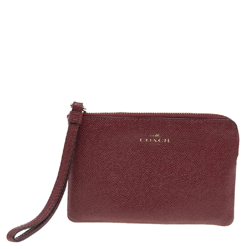 Coach bags with a front - flap pocket and a turnlock for a classic aestheticBurgundy Leather Card Case Wristlet