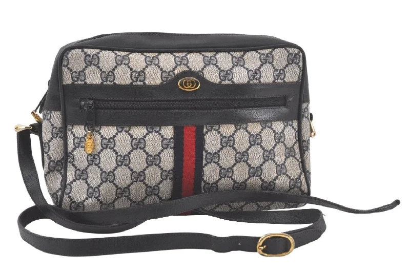 Women Gucci bags with a front - zip pocket for small itemsAuthentic GUCCI Sherry Line Shoulder Cross Bag GG PVC Leather Navy Junk 6543K