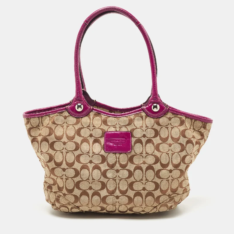 Ladies Coach Rogue bags with a star - shaped charm for a playful touchBeige/Pink Signature Canvas and Leather Tote