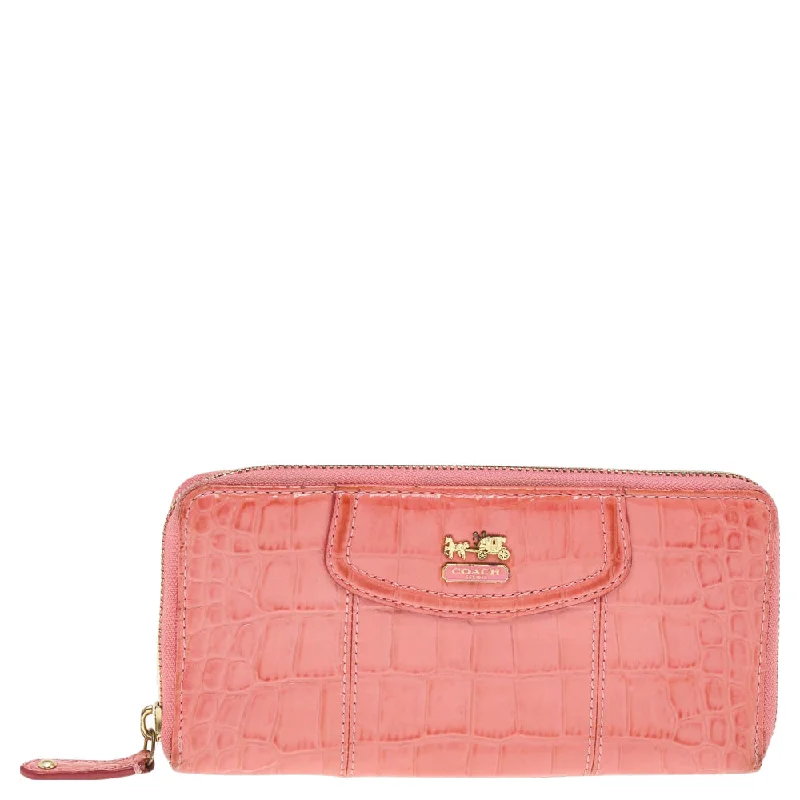 Medium - sized Coach shoulder bags in rich, deep colors for a sophisticated appearanceCoral Pink Croc Embossed Leather Zip Around Wallet