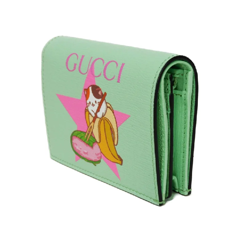 Women Gucci bags with a detachable mobile phone holderGUCCI Bifold Wallet 701009 U22AG 3067 Textured leather Mint green logo Bananya Compact Wallet Women Used