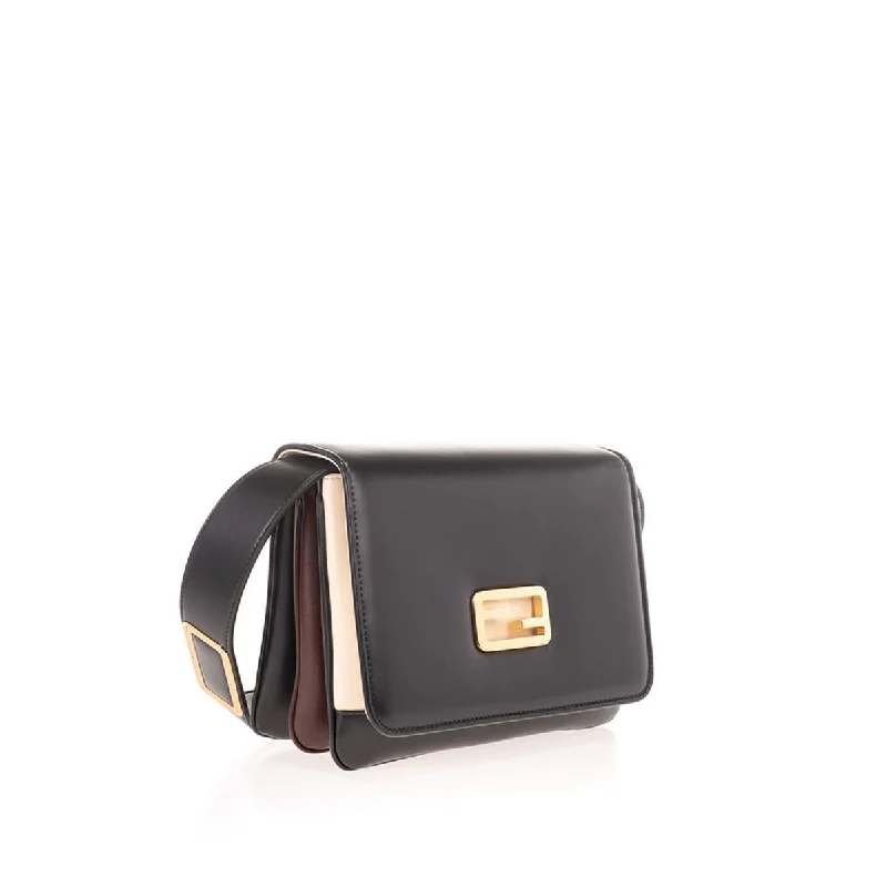 Fendi bags with a front - zip pocket for small items such as lip balm and earphonesFendi Id Flap Tricolor Black Leather Small Shoulder Bag 8BT328