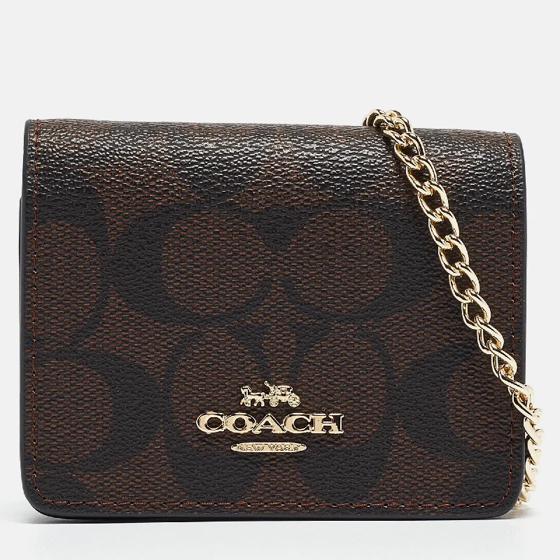 Ladies Coach handbags with a detachable wallet insert for added convenienceBlack/Brown Signature Coated Canvas and Leather Mini Chain Card Case