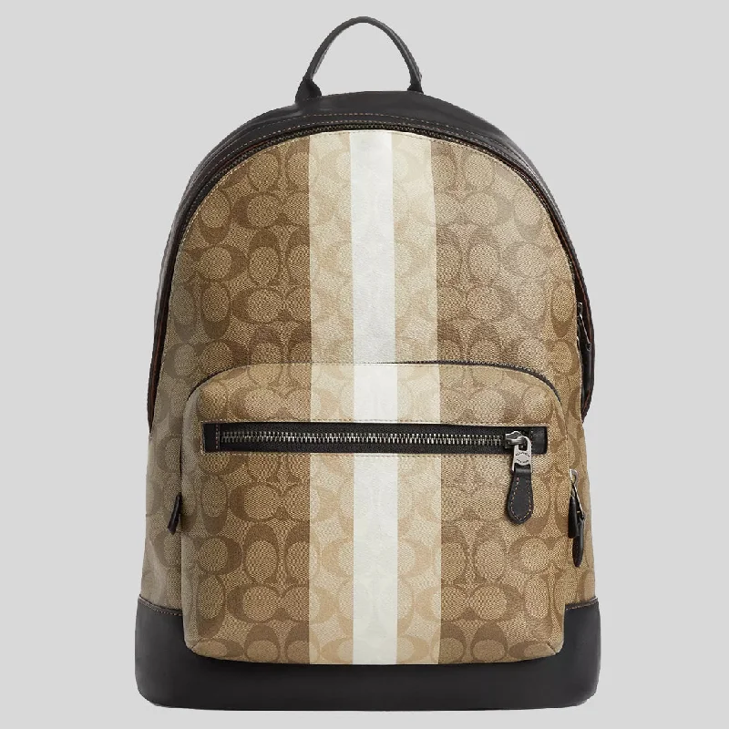 Medium - sized Coach shoulder bags in rich, deep colors for a sophisticated appearanceCOACH West Backpack In Blocked Signature Canvas With Varsity Stripe Khaki Multi CQ629