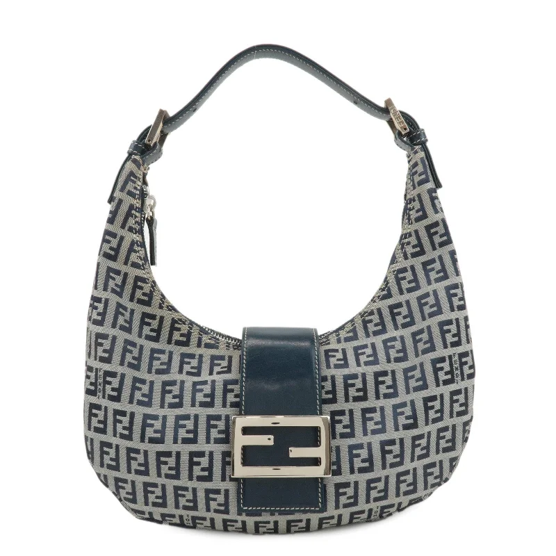 Fendi handbags with a perforated leather detail for a breathable and unique designFENDI Zucchino Canvas Leather Shoulder Bag Navy Grey