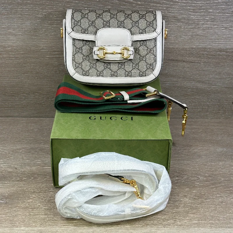 Women Gucci crossbody bags with a woven leather strapGucci GG Supreme Monogram Web Mini Horsebit 1955 Shoulder Bag - Beige Mystic White