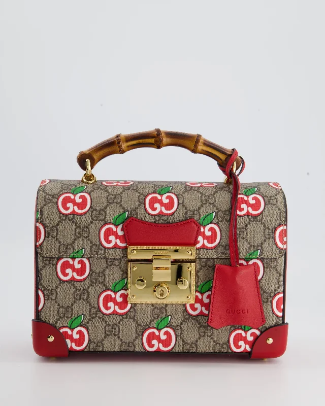 Ladies Gucci handbags with a detachable coin purse insideGucci GG Supreme Padlock Apple Monogram Shoulder Bag with Bamboo Handle and Gold Hardware