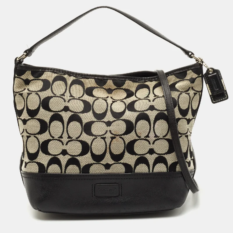 Coach handbags with a perforated leather detail for a breathable and unique designBlack/Grey Signature Canvas and Leather Shoulder Bag