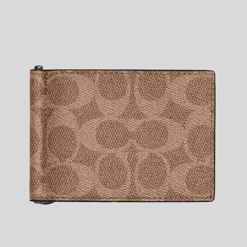 Ladies Coach Tabby bags with gold - toned hardware for a touch of luxuryCOACH Slim Money Clip Billfold Wallet In Signature Canvas Tan/Black CY059