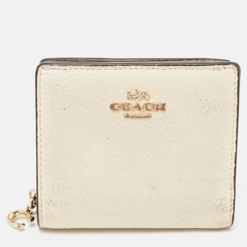 Coach bags with a zip - top closure and a front - pocket for quick accessOff White/Brown Leather Snap Compact Wallet