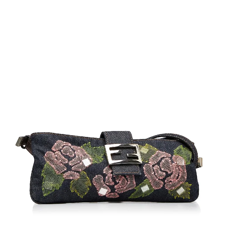 Fendi bags with a detachable makeup pouch inside for beauty - conscious usersFendi Embroidered Denim Baguette (SHG-5ryBUo)