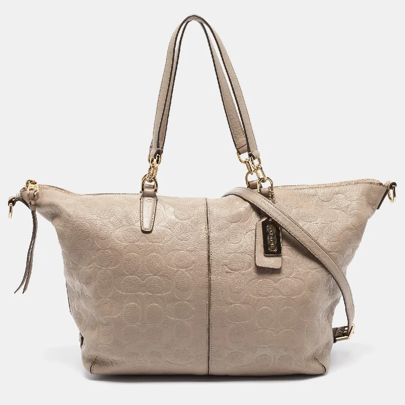 Small - sized Coach crossbody bags in smooth pebble leather for a compact carryBeige Signature Embossed Leather Bleecker Zip Tote