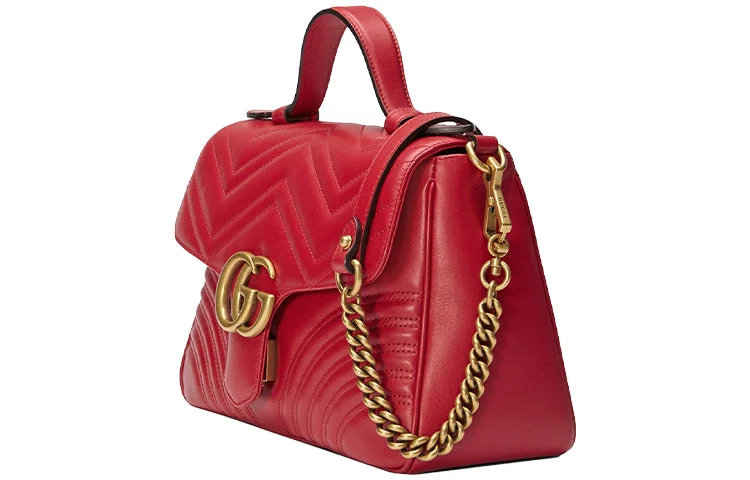 Women Gucci bags with a detachable mirror inside(WMNS) Gucci GG Marmont Gold Logo Distress Leather Chain handBag Small Red Classic 498110-DTDIT-6433