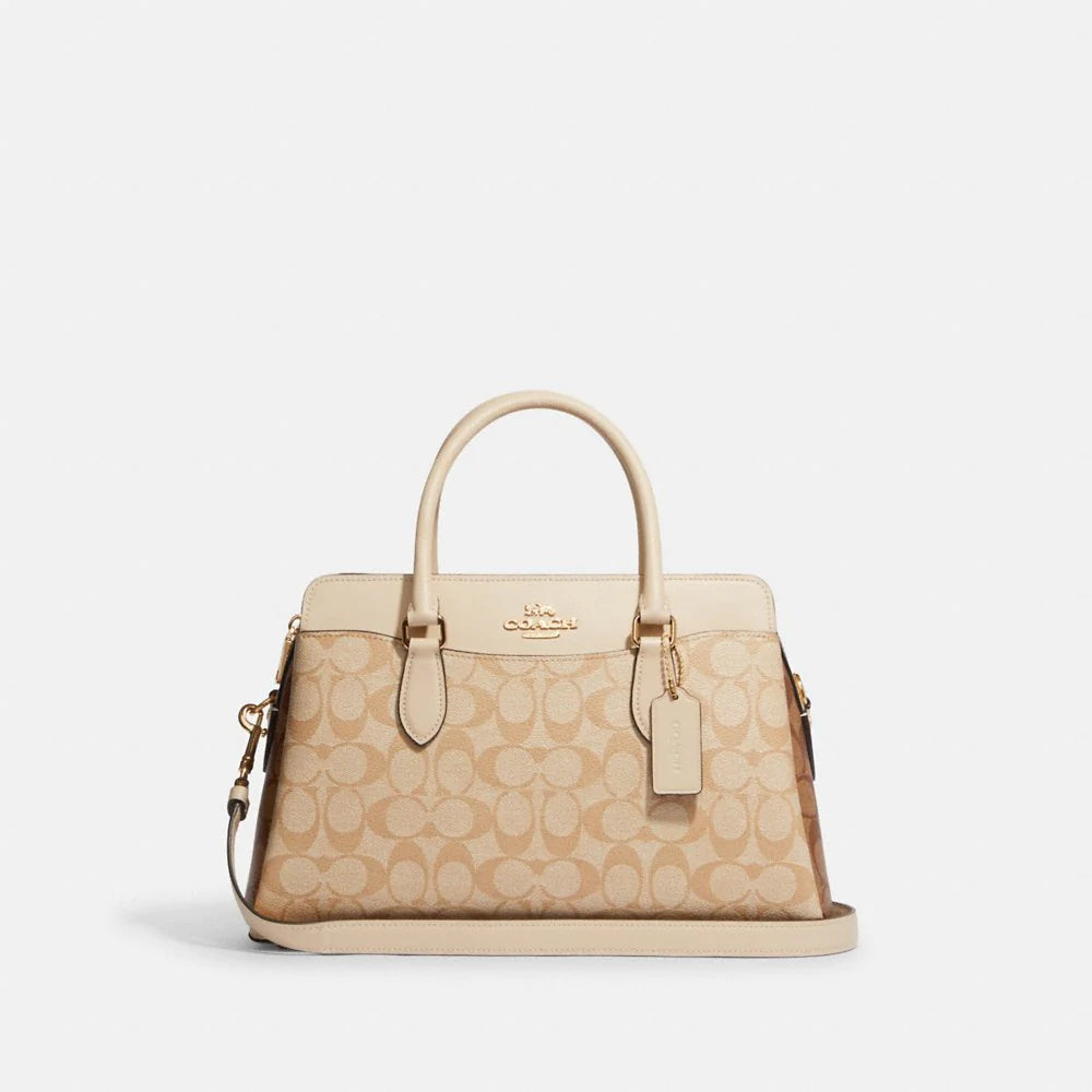 Coach Tabby bags with a classic turnlock closure for a timeless styleCoach Darcie Carryall in Blocked Signature Canvas Light Khaki Multi