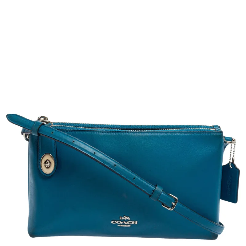 Coach Rogue bags with a detachable shoulder strap for versatile carryingTeal Blue Leather Crosby Double Zip Crossbody Bag