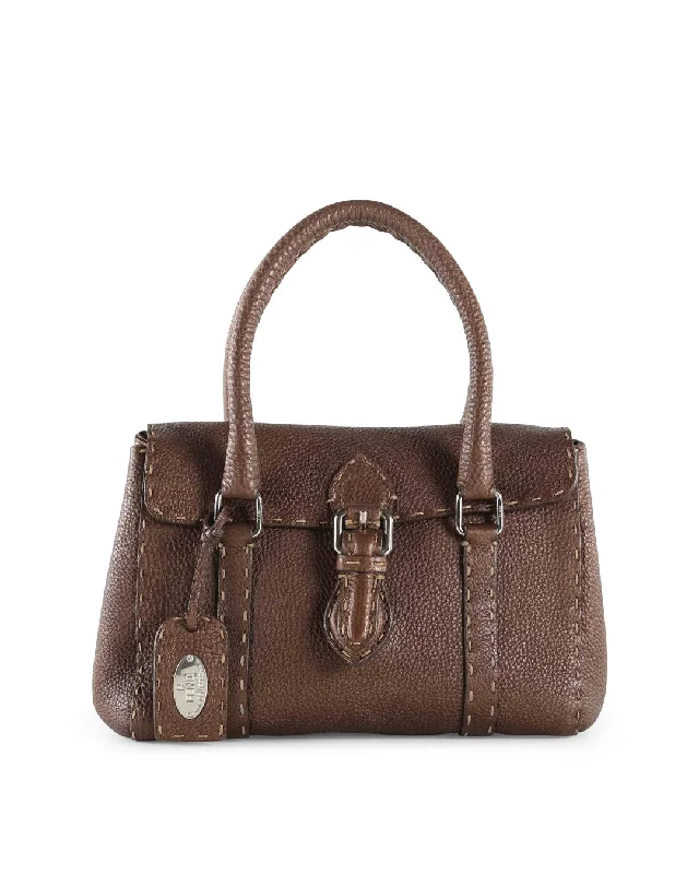 Fendi bags with a chain - link trim and a leather body for a modern and edgy lookFENDI Brown Grained Leather Small Selleria Satchel Handle Bag