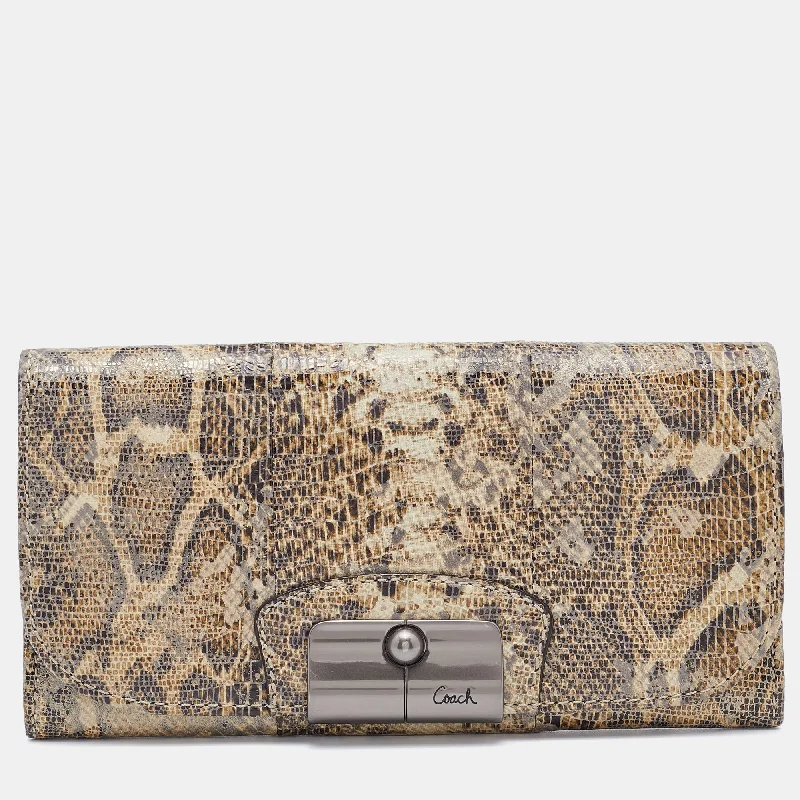 Ladies Coach handbags with a detachable wallet insert for added convenienceBrown/Beige Python Embossed Leather Flap Continental Wallet