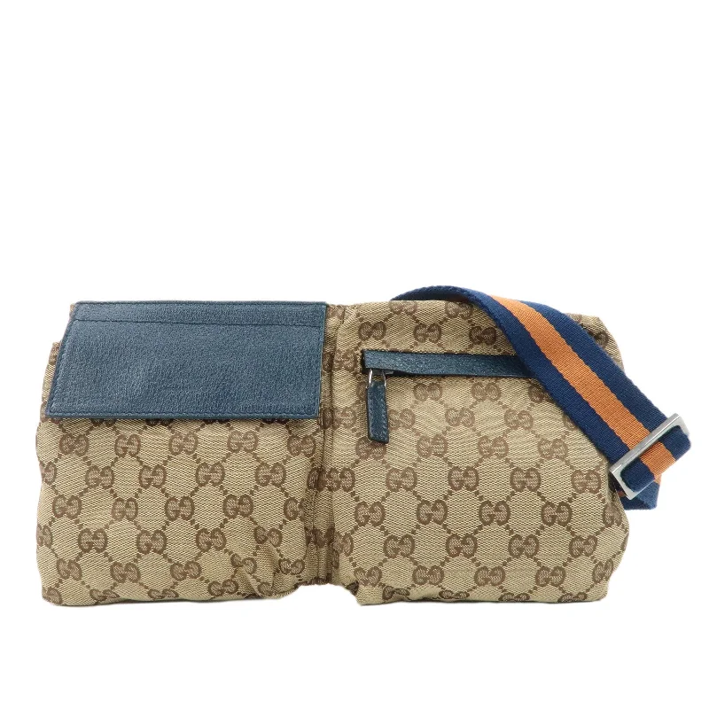 Women Gucci bags with interlocking G hardware for a classic lookGUCCI GG Canvas Leather Waist Bag Waist Pouch Beige Navy 28566