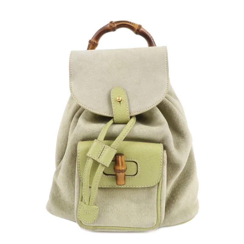 Women Gucci bags with a snap - button closure and a decorative charmGUCCI Bamboo Suede Leather Backpack Light Green 003.1956.0030