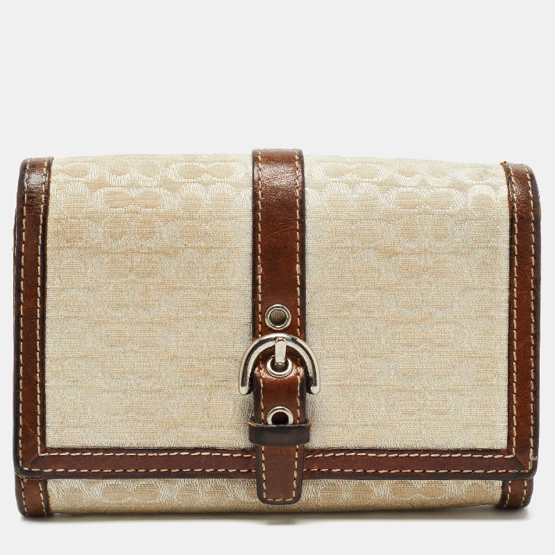 Ladies Coach shoulder bags with a magnetic - closure flap for easy accessBrown Signature Canvas and Leather Buckle Flap Wallet