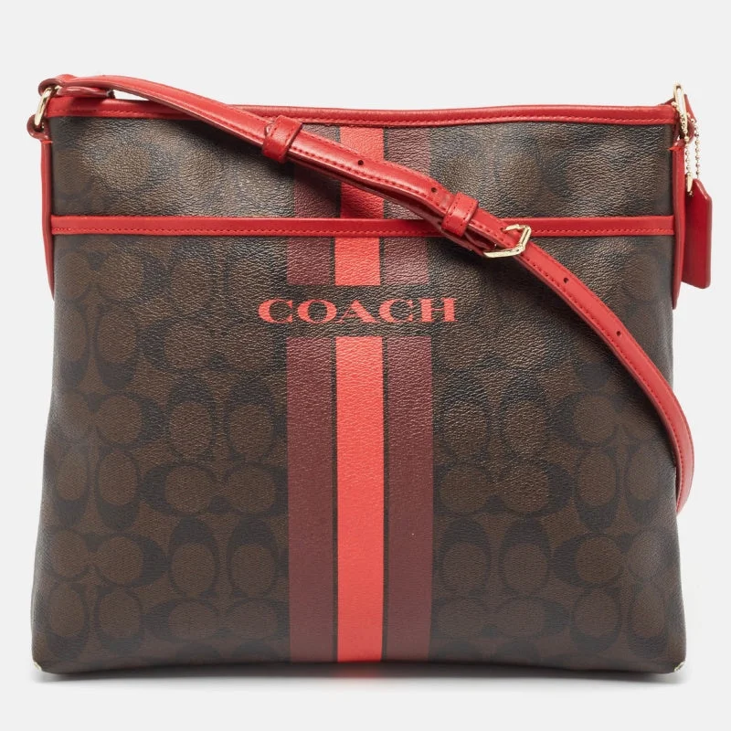 Coach Borough bags with a contrast - stitched handle for a unique lookDark Brown/Red Signature Coated Canvas Varsity Striped File Crossbody Bag