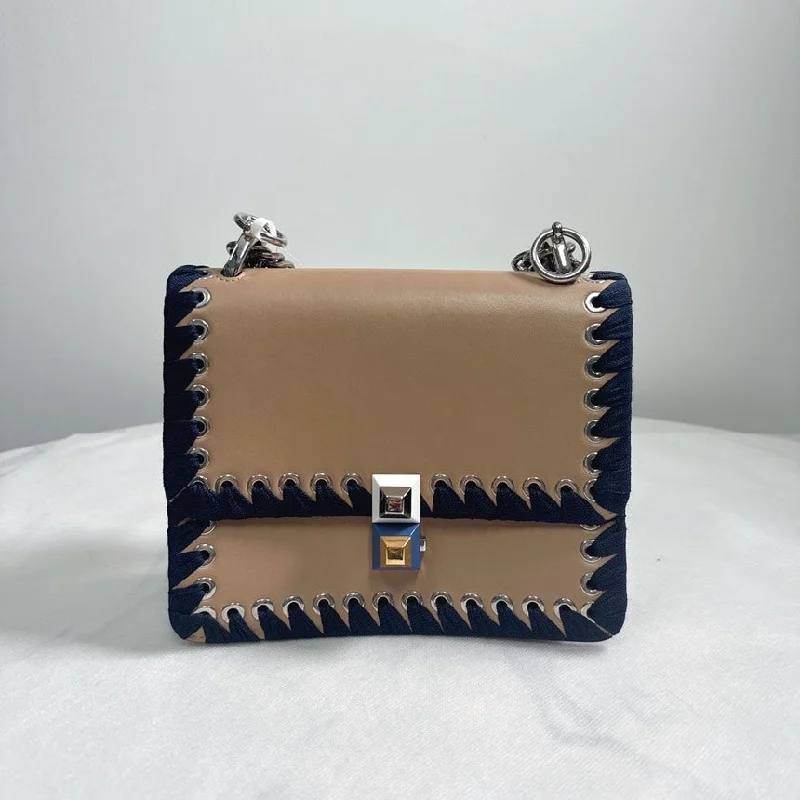 Fendi bags with a detachable makeup pouch inside for beauty - conscious usersFendi Dotcom Beige Navy Leather Handbag Medium