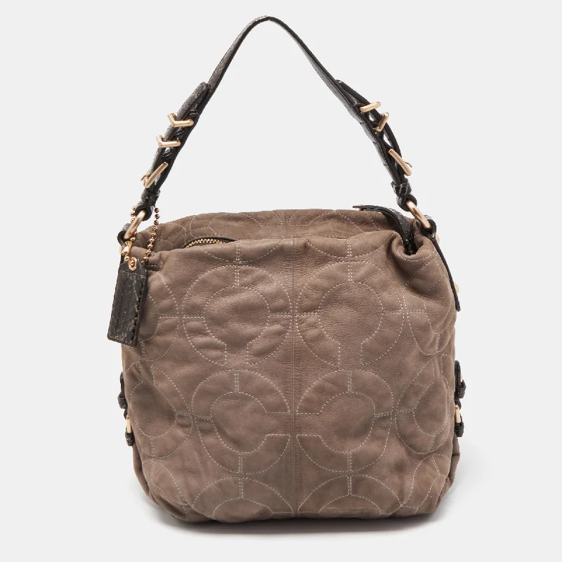 Coach bags with a zip - top closure and a front - pocket for quick accessGrey/Dark Brown Op Art Signature Nubuck Leather Zip Hobo