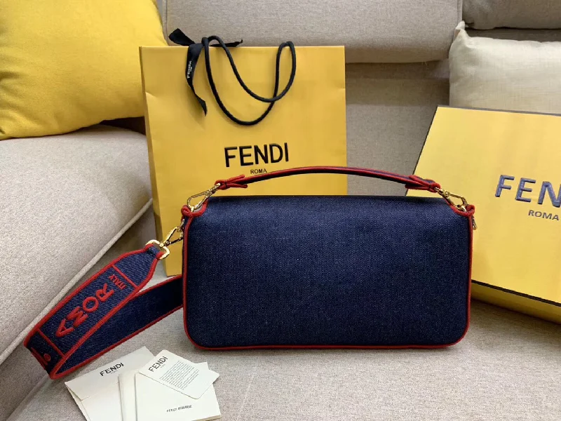 Ladies Fendi crossbody bags with a single - strap design for simplicity and ease of useFendi Large Baguette Bag In Blue Denim With Red Trim